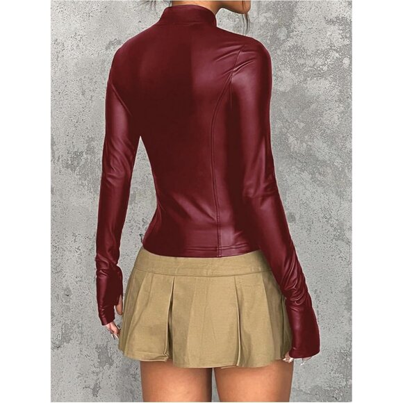 Women Faux Leather Jacket Thin Fleece Mock Neck Zip Up Long Sleeve Winter Red - Picture 3 of 5